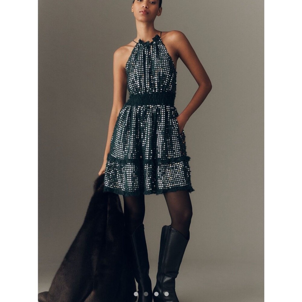 Farm Rio Green Metallic Floral Tiered Mini Dress XS NWT Party Holiday